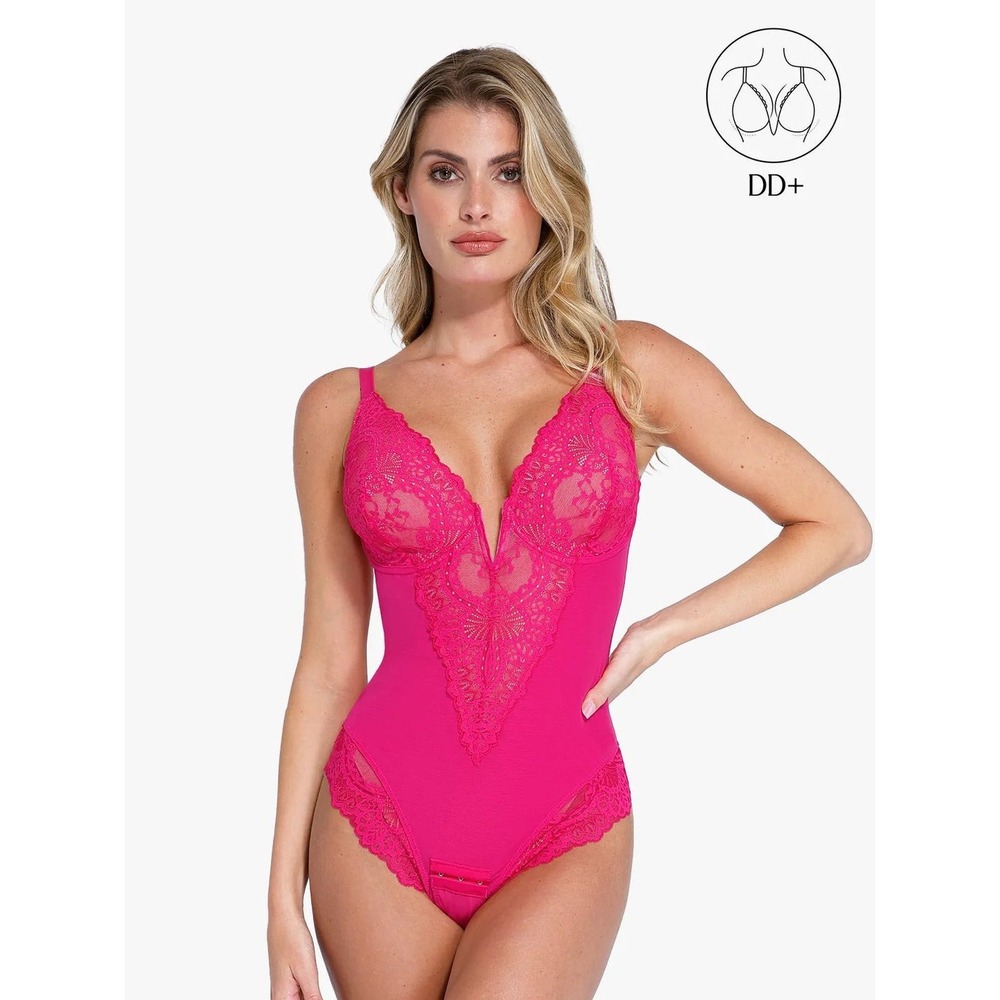 Popilush Shapewear Bodysuit 3XL Pink Lace Plunge V-Neck Mesh Tummy Control